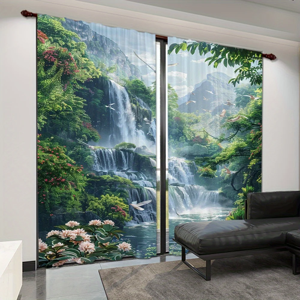 2 Pieces Stunning Forest Waterfall Landscape Curtain for Home Decor Rod Pocket Window Treatment for Bedroom Office Kitchen