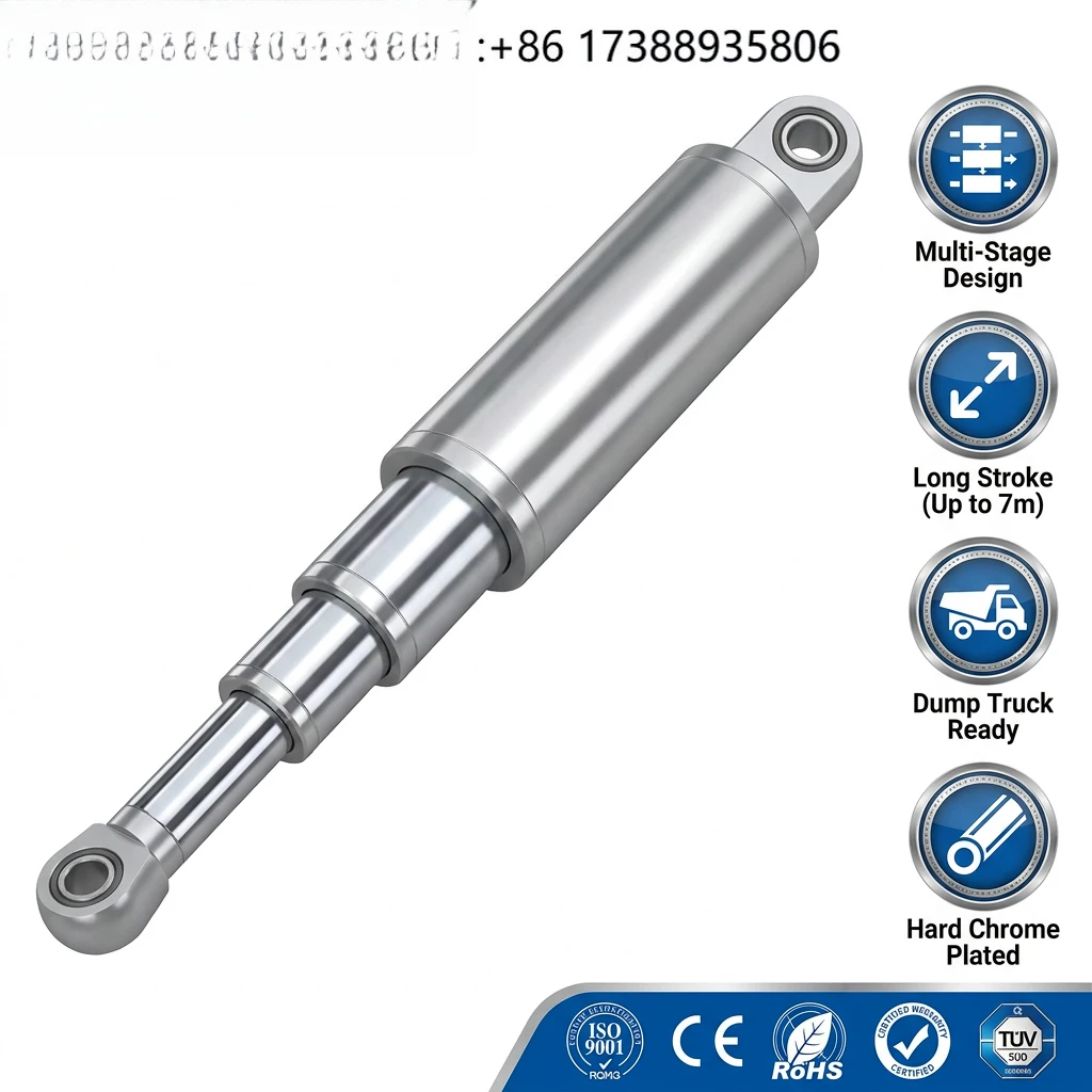 3 Stage Telescopic Hydraulic Cylinder for Dump Truck Tipper Trailer, Long Stroke Multi-Stage Design, Hard Chrome Plated Stages,