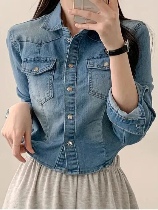 Retro Hong Kong Style Chic Women's Short Denim Jacket Turn-down Collar Fashion Design Single Button Shirt Spring Autumn Winter