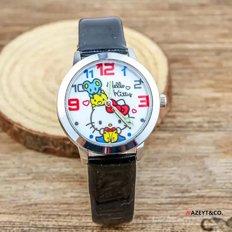 Hello Kitty Cartoon Children's Watch Leather Strap Boys and Girls Quartz Watch Student Clock Women's Watch Holiday Gift