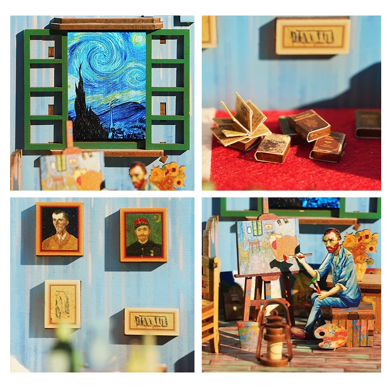 DIY Wooden Doll Houses Van Gogh\'s Bedroom Casa Miniature Building Kits with Furniture USB Power Dollhouse for Adults Gifts