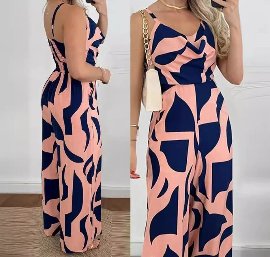 

Women's Jumpsuit 2024 Summer Fashion Print Temperament Commuting Elegant Overalls Sleeveless V-neck Open Back Wide Leg Jumpsuits