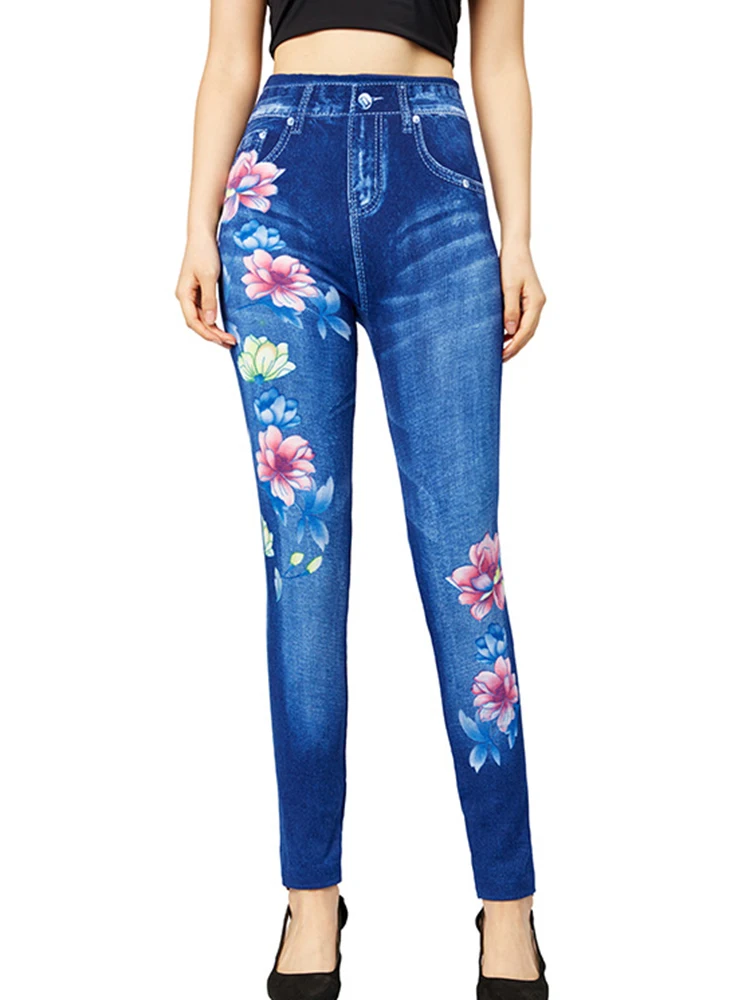 Design Floral de cintura alta feminina Jeans elásticos Jeans Falsos Leggings, Calças Lápis, Push Up Denim