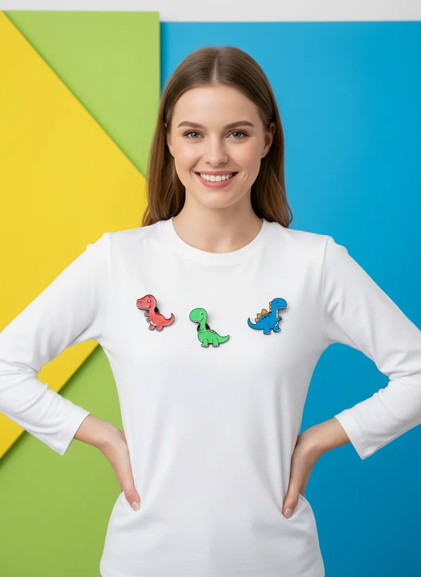 4 Styles Cartoon Happy Dinosaur Enamel Pins Blue Green Yellow Red Colors Brontosaurus Stegosaur Shaped Brooches