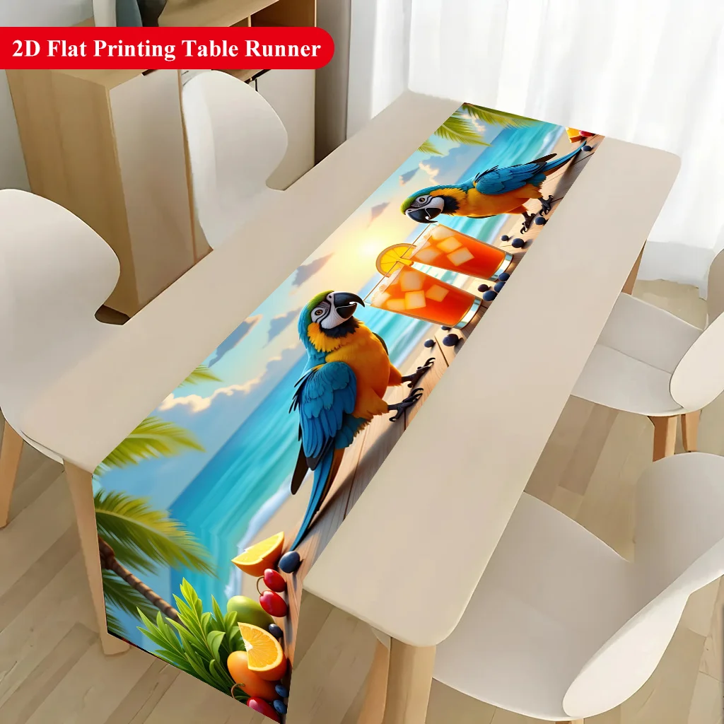 2D Table Flag Featuring A Tropical Island Theme with Two Parrots, A Rectangular Tablecloth for Reception