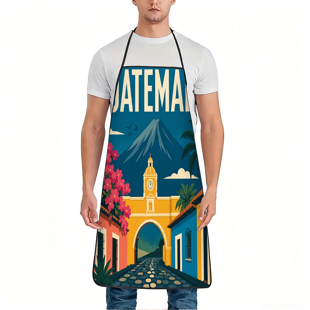 1pc Guatemala Scenery Vintage Travel Print Apron, Durable And Easy to Clean, Adjustable Waistband, Polyester Material, for Kitch