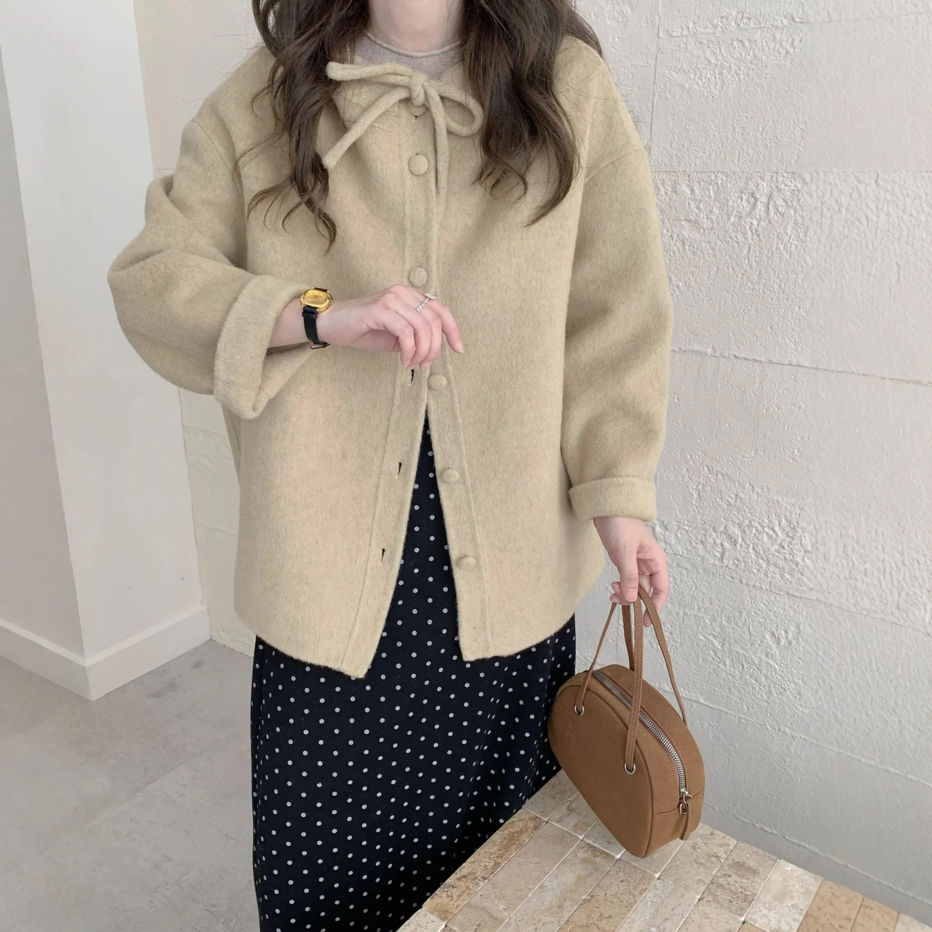 양면 카메라 티 울 코트 여성용 루즈핏 매듭 모자 디자인 겨울 패션 아우터웨어