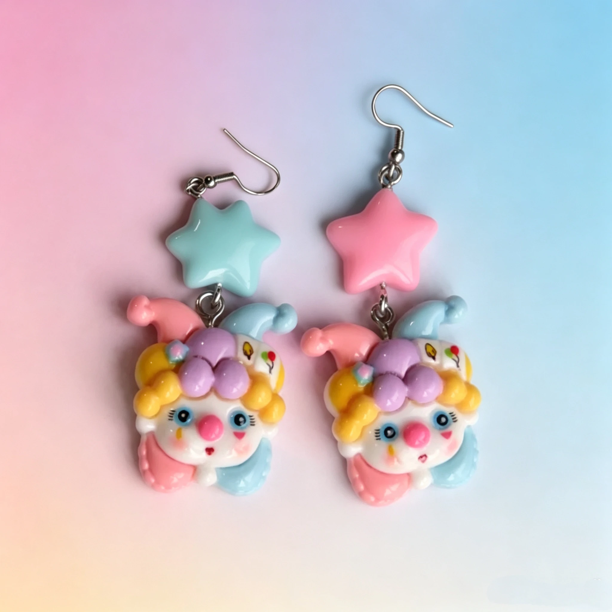 Colorful Asymmetric Clown Earrings, Funky Jester Drop with Star Bead, Weirdcore Statement Jewelry for Party Festival Gift