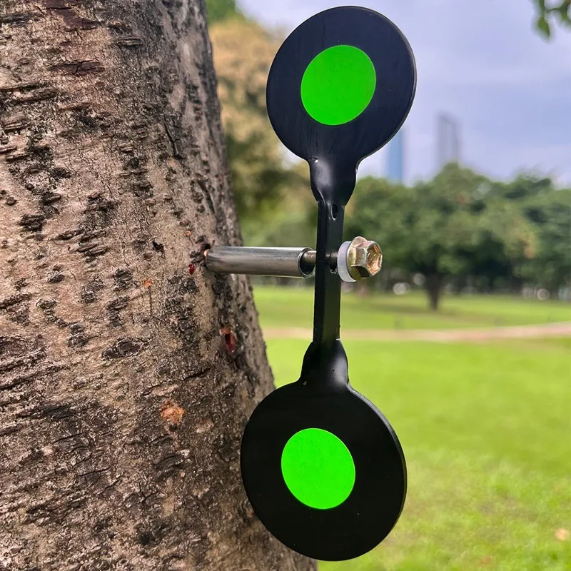 Shooting practice with double circular targets and 360 degree rotation, shooting training with metal inserted tree targets