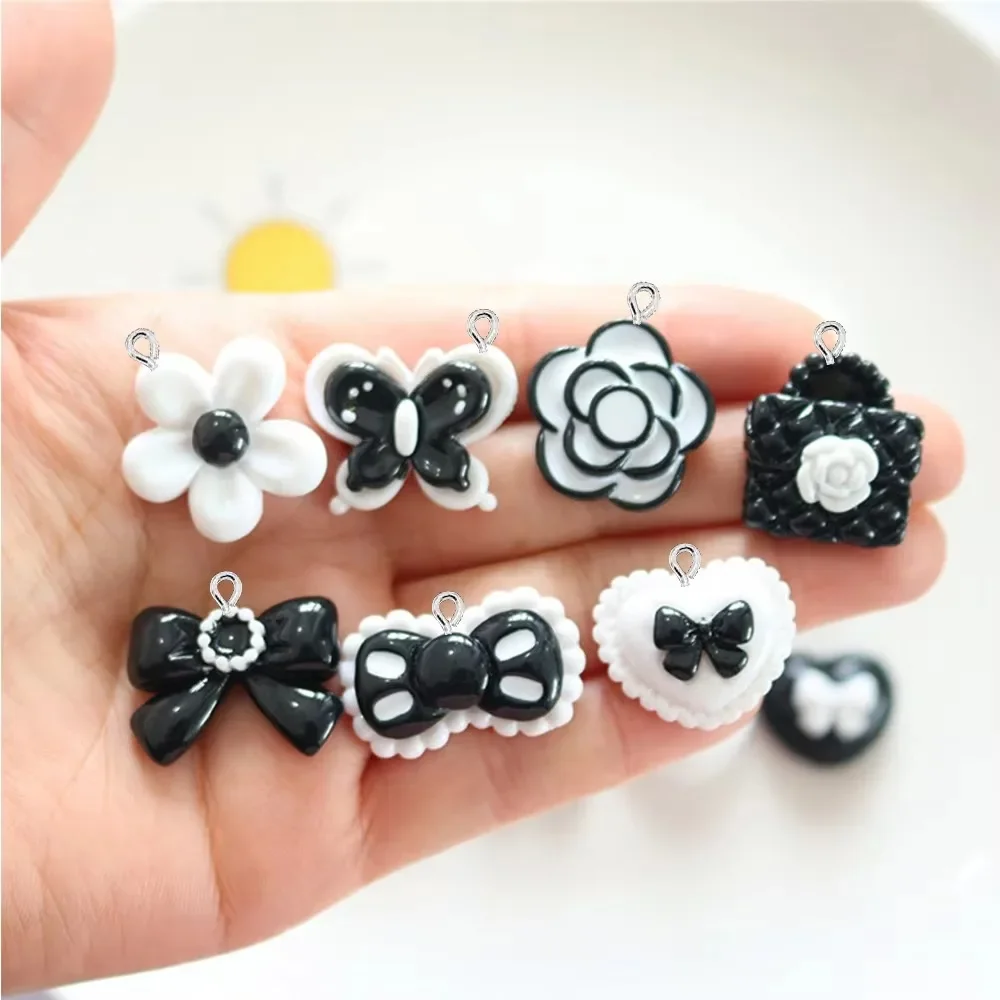10 piezas de dijes brillantes con reverso plano, serie en blanco y negro, para la creación de horquillas, pulseras, pendientes y otros accesorios de joyería hechos a mano.