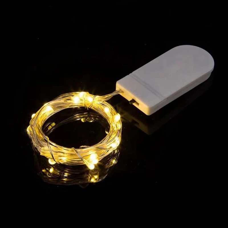Cadena de luces LED a prueba de agua, Mini cuerda de luces de luciérnaga, caja de batería de botón plateado con cable Flexible