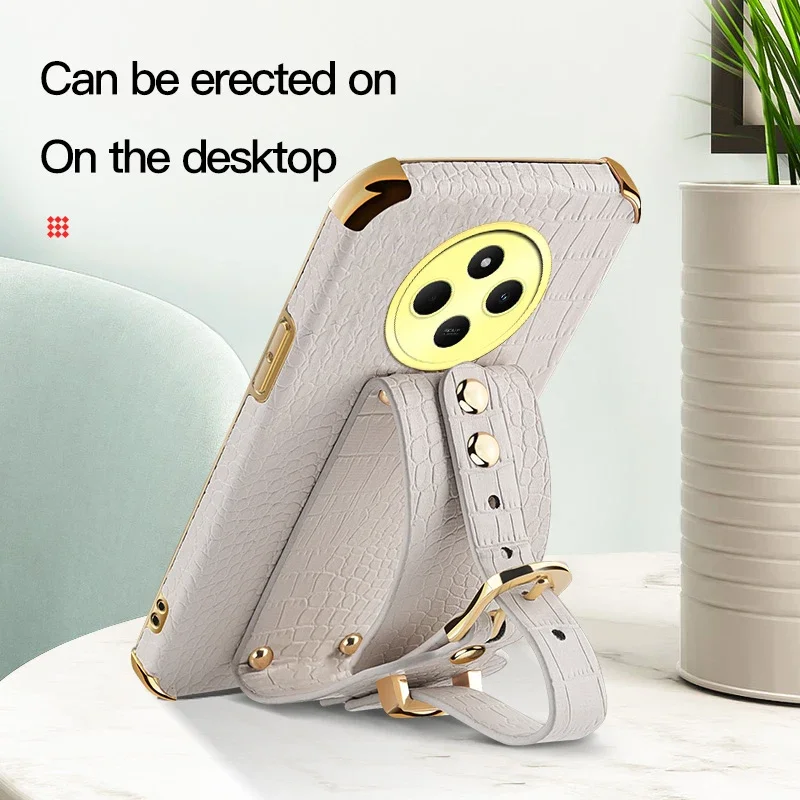 Leather Wrist Strap Phone Case For Poco C71 C51 C55 C61 C65 C75 C50 Holder Stand Wristband Anti-Drop Cover Silicone Cases