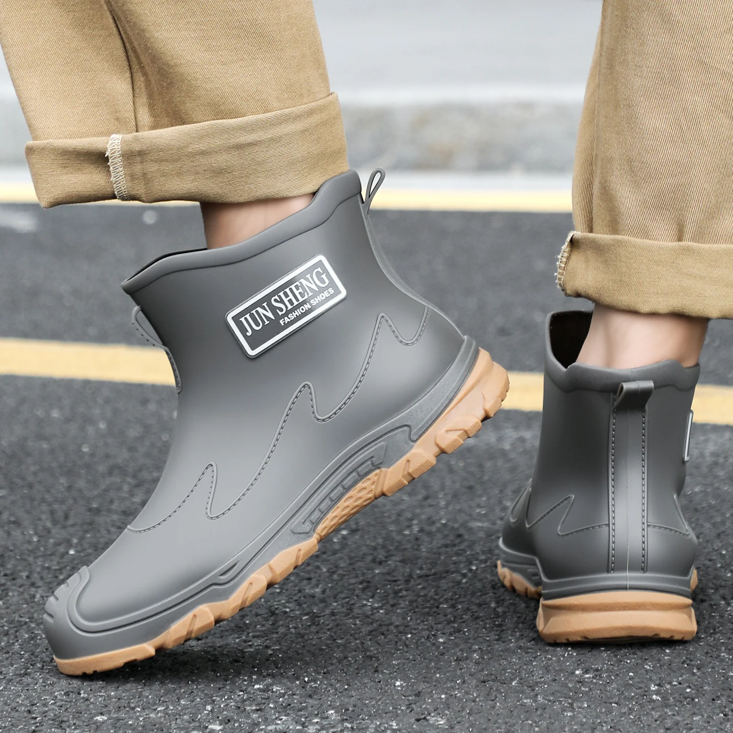 

Мужские короткие резиновые сапоги для города, нескользящие, износостойкие, для ходьбы по воде, модные, легкие, водонепроницаемые резиновые ботинки