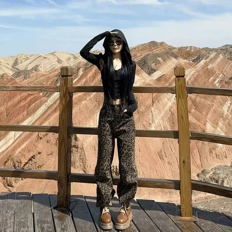 جينز نسائي Y2k جينز أمريكي ريترو بطبعة الفهد بنطال ذو قصة أرجل واسعة عالي الخصر فضفاض مناسب للشتاء تصميم جديد للتخسيس مستقيم طويل