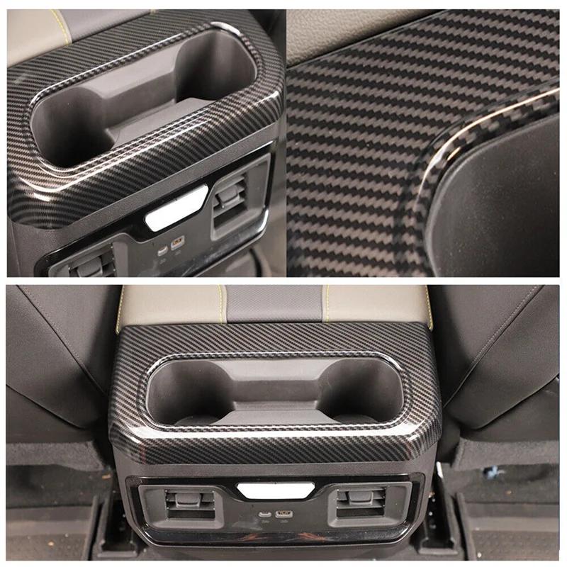 

For Chevy Silverado GMC Sierra 2022 2023 2024 Car Armrest Box Rear Cup Holder Cover Trim Spare Parts ABS Carbon Fiber