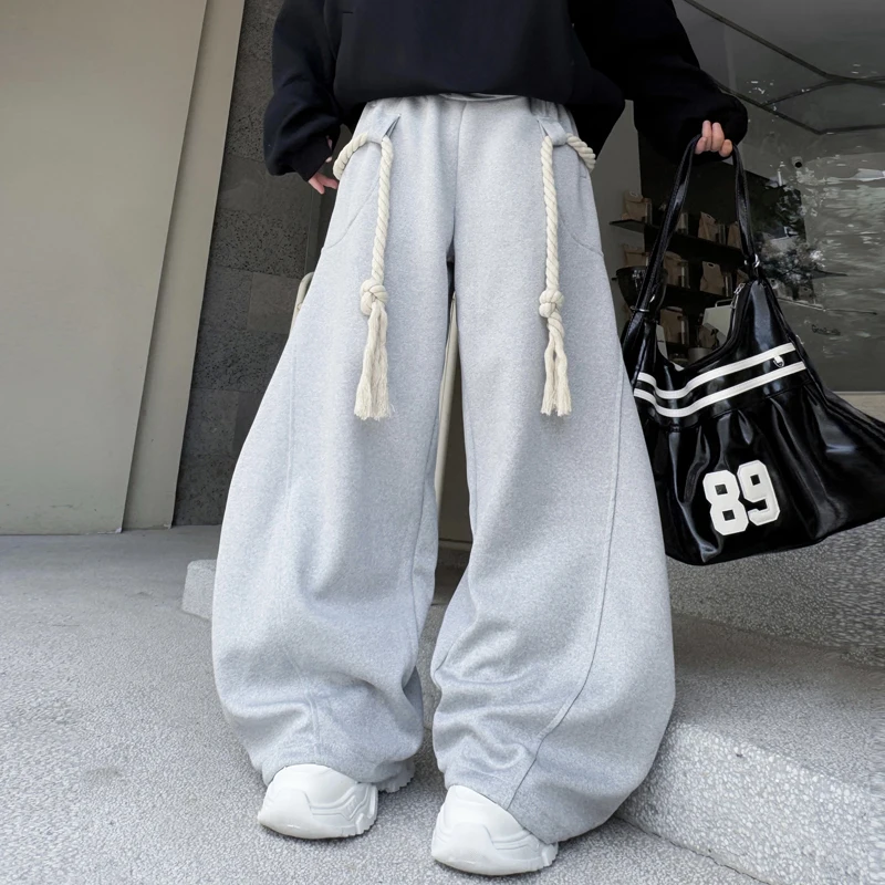 

American High Street Spor Wide Leg Knife Pants Men's Casual Sweatpants Handmade Rough Rope Design Long Trousers