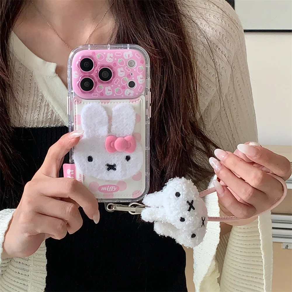 

Cute strawberry bunny fashion leather polka dot phone case for iPhone 15 14 13 17 Pro 16 Pro Max cover with plush charm lanyard