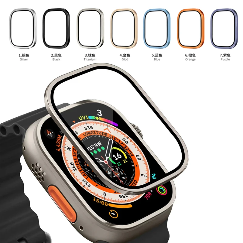 50pcs 3D Titanium Alloy Tempered Glass Screen protector For Apple Watch Ultra 49mm Metal Frame Case