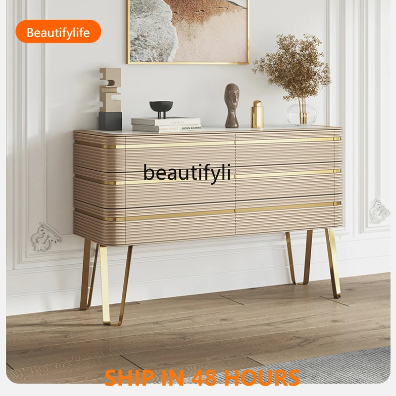 

Nordic Light Luxury Gold-Plated Stainless Steel Stone Plate Hallway Sideboard Cabinet Striped Paint Chest of Six DrawersFH