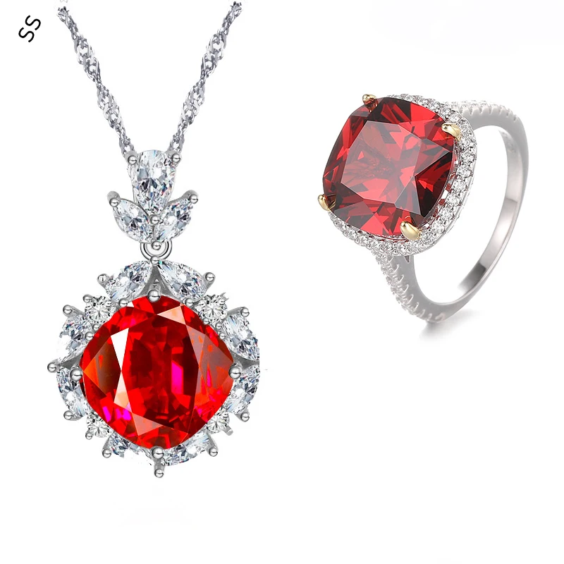 

2 Pieces Jewelry Sets Ruby Red Gemstone Necklace Earrings for Women Evening Dresses Charms Accessories Fashion Elegant