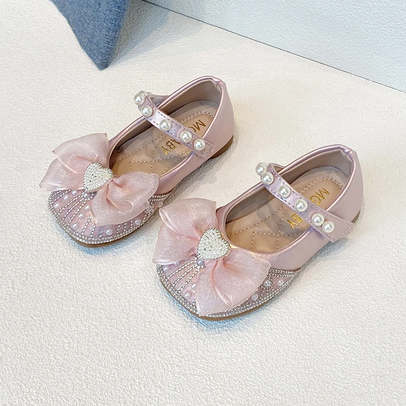 Girls Sandals 0-6 Years Old Pink Bow Pearl Girls Princess Shoes Beige Flat Non-slip Baby Walking Shoes Children Single Shoes