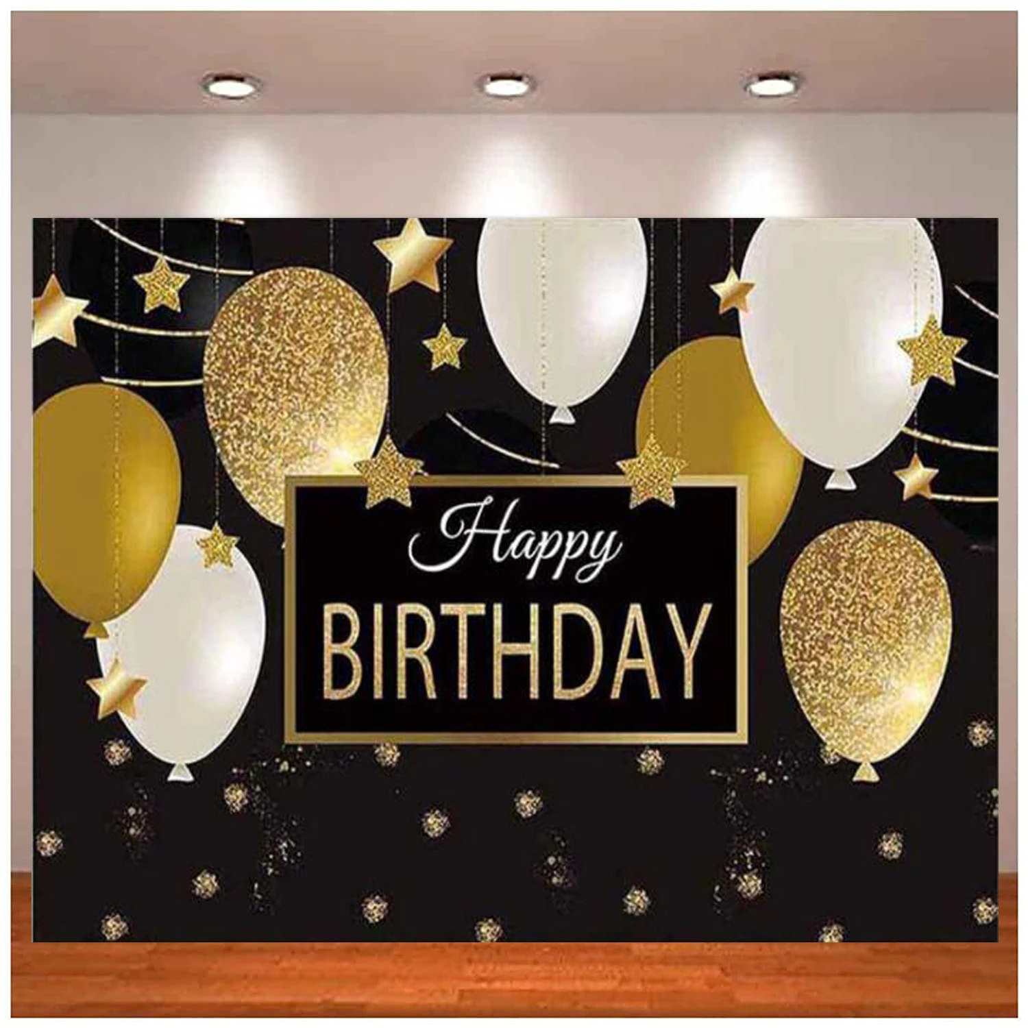 

Happy Birthday Backdrop Black And Gold Balloons Decoration Men Women Adults 30th 40th 50th Bday Party Banner Background Props