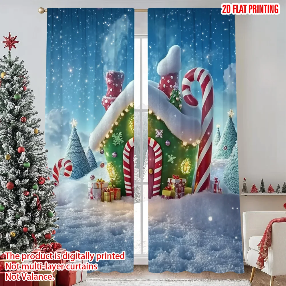 

2pcs 2D flat printing Merry Christmas Popular Window Drapes Santa Claus and candy cane Versatile Durable Polyester Without