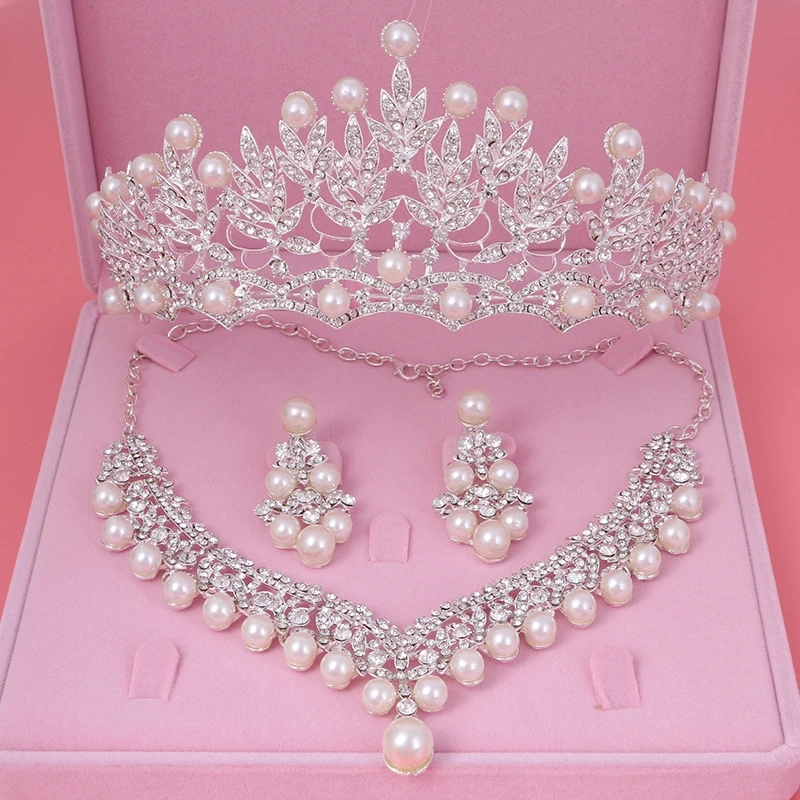 Crystal Pearl Bridal Jewelry Set Rhinestone Necklace Earring Tiara Crown Set For Women Bride Party Queen Wedding Jewelry Set