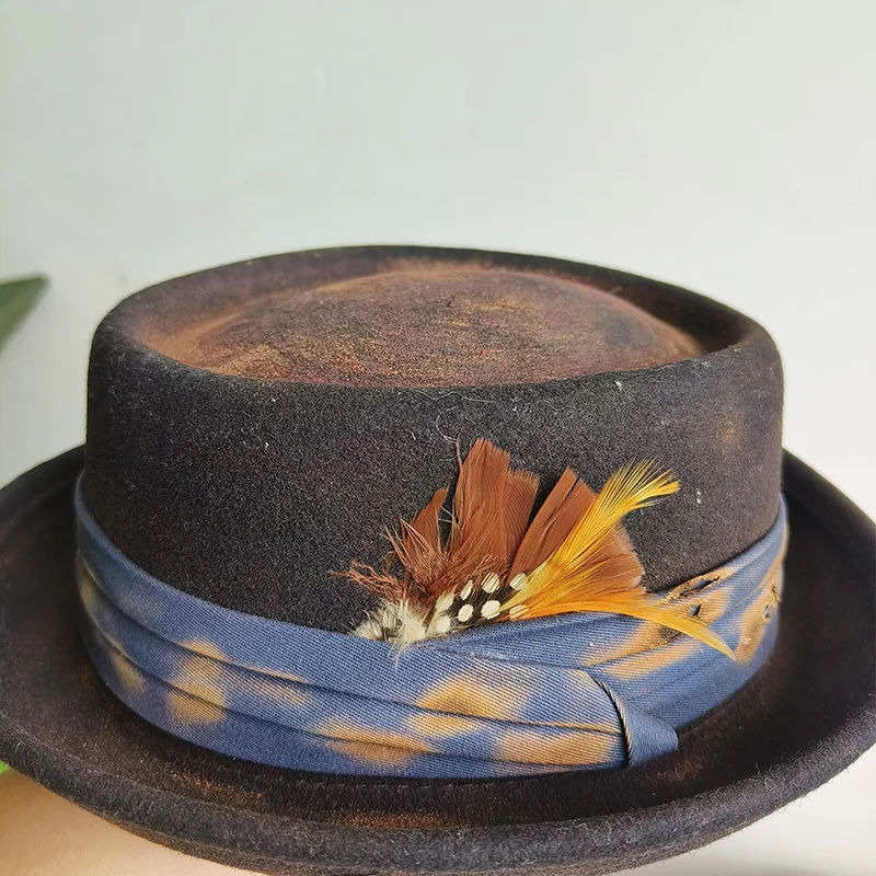 Französischer Schweinefleisch-Pie-Hut für Herren, Vintage-Fedora-Hut für Damen, türkisfarbener Fedora-Hut mit flachem Schirm, Filzhüte, Panama-Hut, Hut für Herren und Damen, Kirchen- und Jazz-Hut. – Detail 6