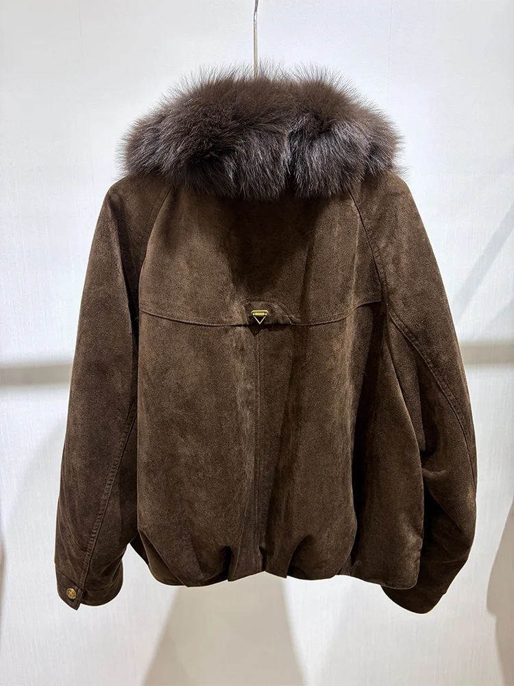 2026 Women Winter Real Goose Down Jacket Natural Fox Fur Collar Parka Jacket Faux Suede Luxury Female Coats Streetwear