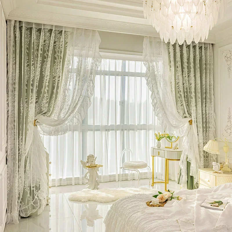 

French Lace Cashmere Curtain Pastoral Retro Matcha Thickened Blackout Living Room CurtainCurtains For Living Dining Room Bedroom
