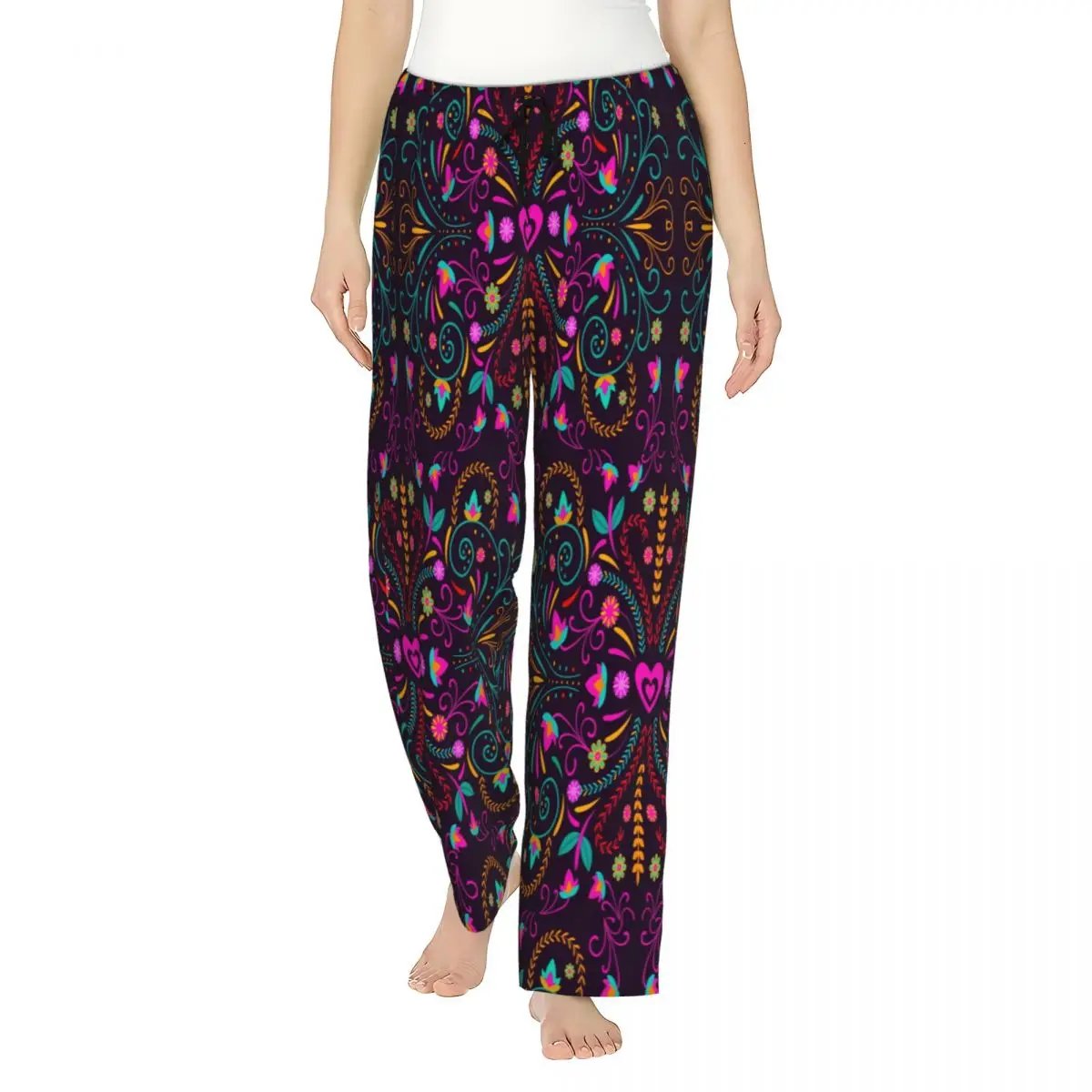 Custom Otomi Borduurwerk Kussen Pyjama Broek Womens Lounge Slaap Stretch Nachtkleding Broek Met Zakken