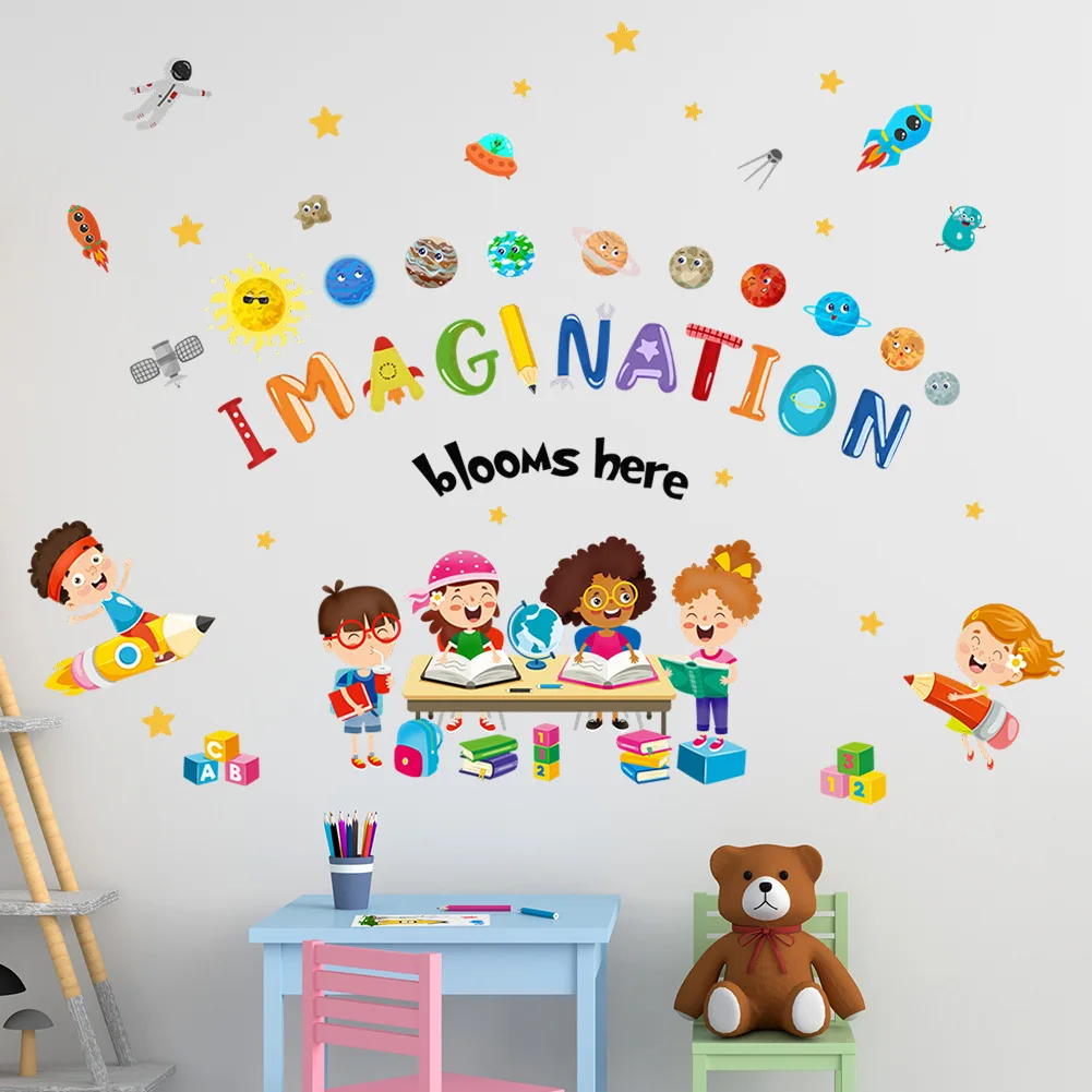School classroom colorful solar system wall sticker self adhesive cartoon quote wall decal for kids