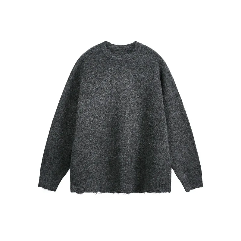

Mens Sweater with Frayed Edges and Holes,American Retro Simple Solid Color Knitwear, Crew Neck Casual Men's Pullover
