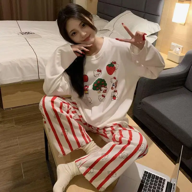 Hello Kitty Sleepwear Two Piece Set Ins Women's Thick Long Sleeve Cartoon Color Blocked Spring Autumn Home Clothes New Cute Gift