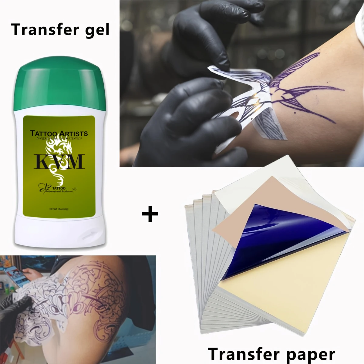 جل كريم نقل الوشم KVM مع مجموعة ورق نقل الوشم، ملحقات آلة نقل الوشم لورق استنسل بحجم A4