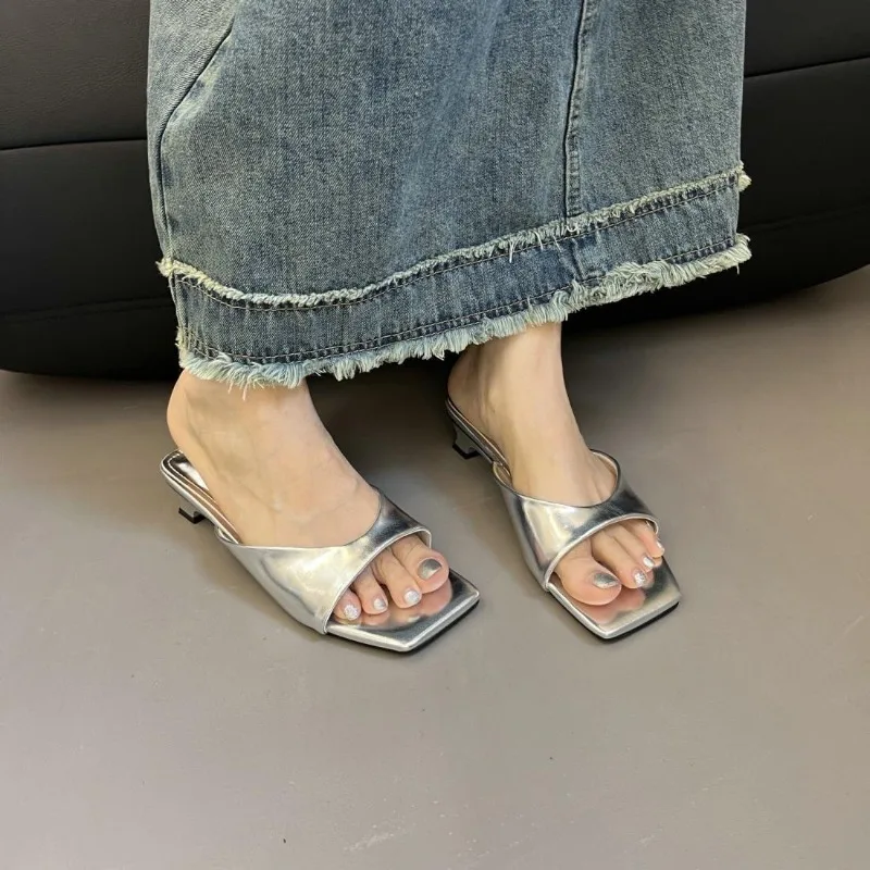 

Summer 2025 Fashion Square Head Exposed Heel Slippers, Women's Outdoor Casual Solid-color Dress Dress, Women's Stiletto Heels