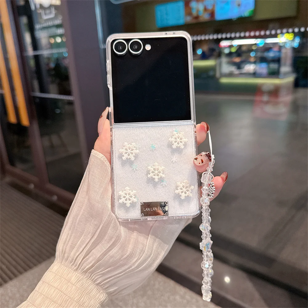 

Luxury Glitter cute 3D snowflake phone case for Samsung Z Flip 7 Case Galaxy Z Flip 6 5 flip 5 cover with chain shockproof funda