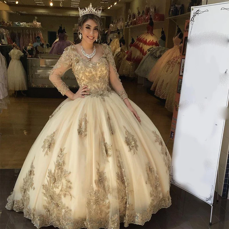 Doymeny 3D Appliques Beaded Quinceanera Prom Dresses Deep V-neck Long Sleeves Evening Party Sweet 16 Dress 2024