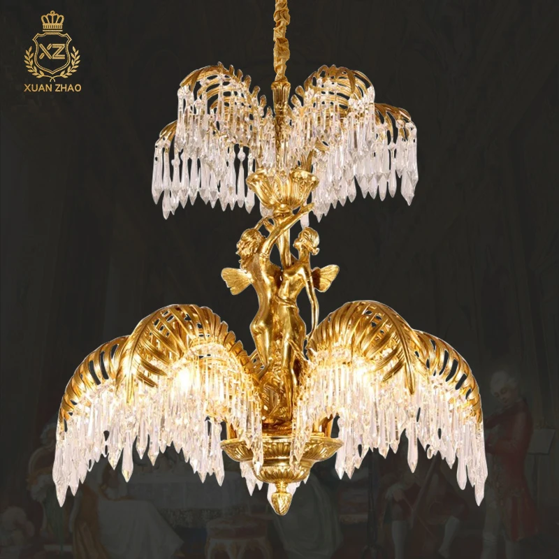 

European Classic Palm Leaf Chandelier Villa Duplex Hall Brass Luminaire French Living Room Restaurant Crystal Pendant Light