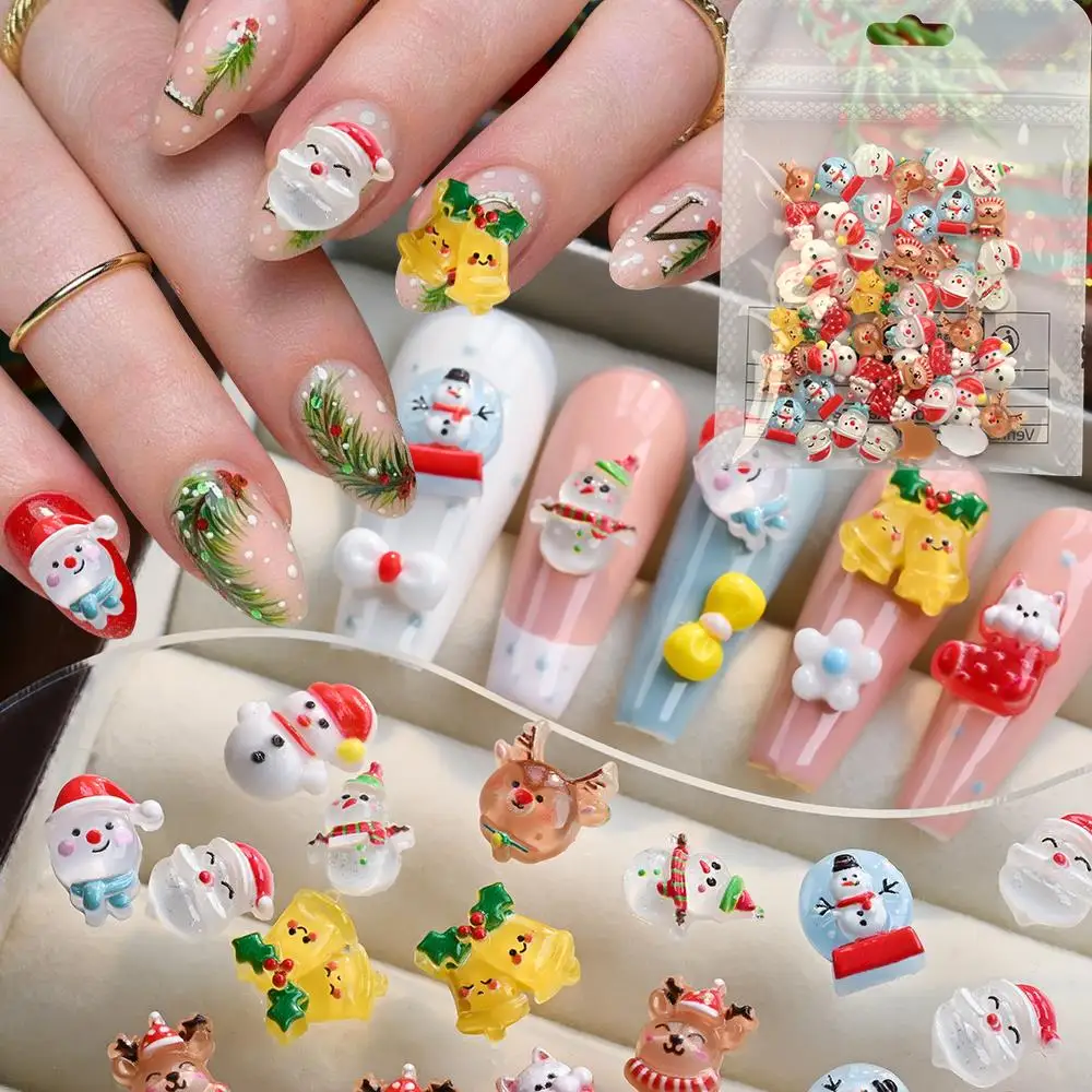 50Pcs 3D Christmas Snowman Elk Nail Charms Cartoon Xmas Bell Sock Resin Nail Art Decoration For DIY Crafts Hair Jewelry Kid Gift