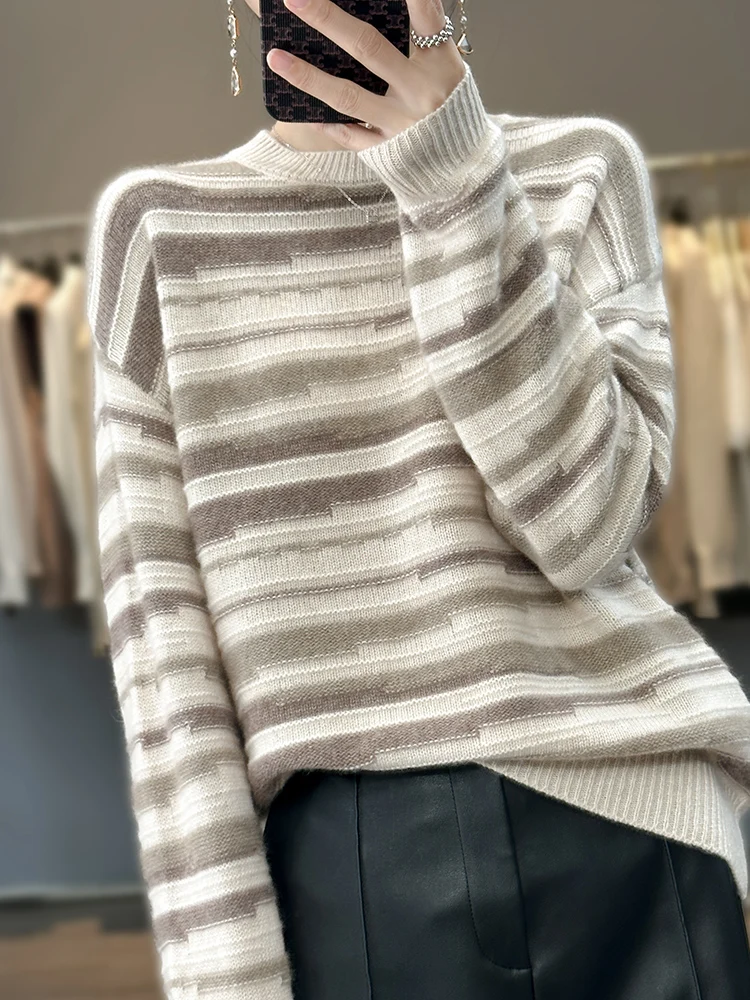 100% pure merino sweater 2023 autumn and winter new women's round neck pullover striped knit top women's coat
