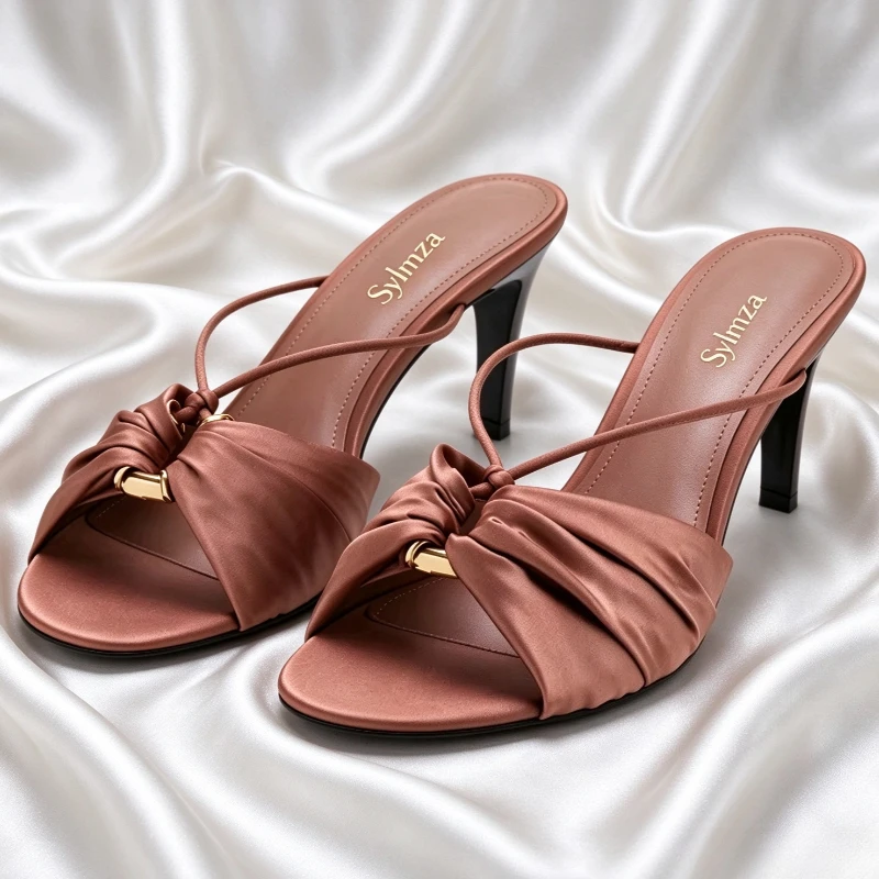 High-Quality Satin Pleated Mule Sandals for Women Metal Buckle Details Round-Toe Slide Sandal Designer Party High-Heel Slippers