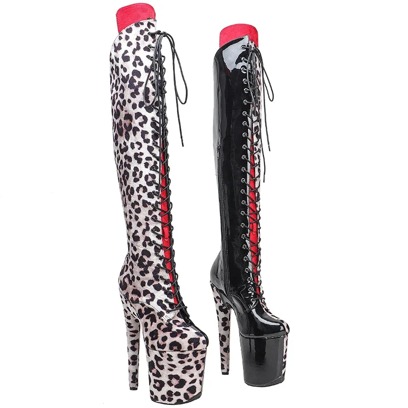 Leecabe  20CM/8inches Leopard print with patent PU  Trend fashion sexy high heel stripper heel pole dance boots