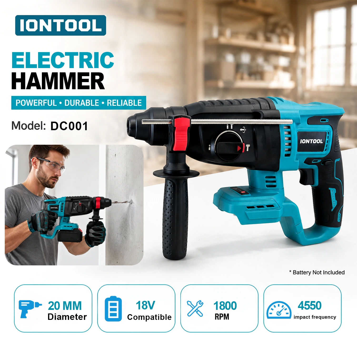 IONTOOL Brushless Rotary Hammer Drill 20mm 1800RPM Electric Drill Household Power Tools for Wall Drilling Home Improvement