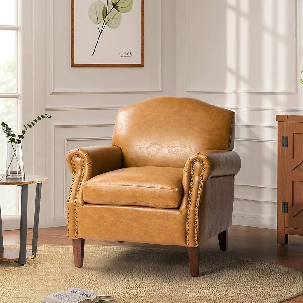 Faux Leather Accent Chair with Retro Wood Legs, Comfy Upholstered Armchair with Nail Head Trim, Single Sofa Chair