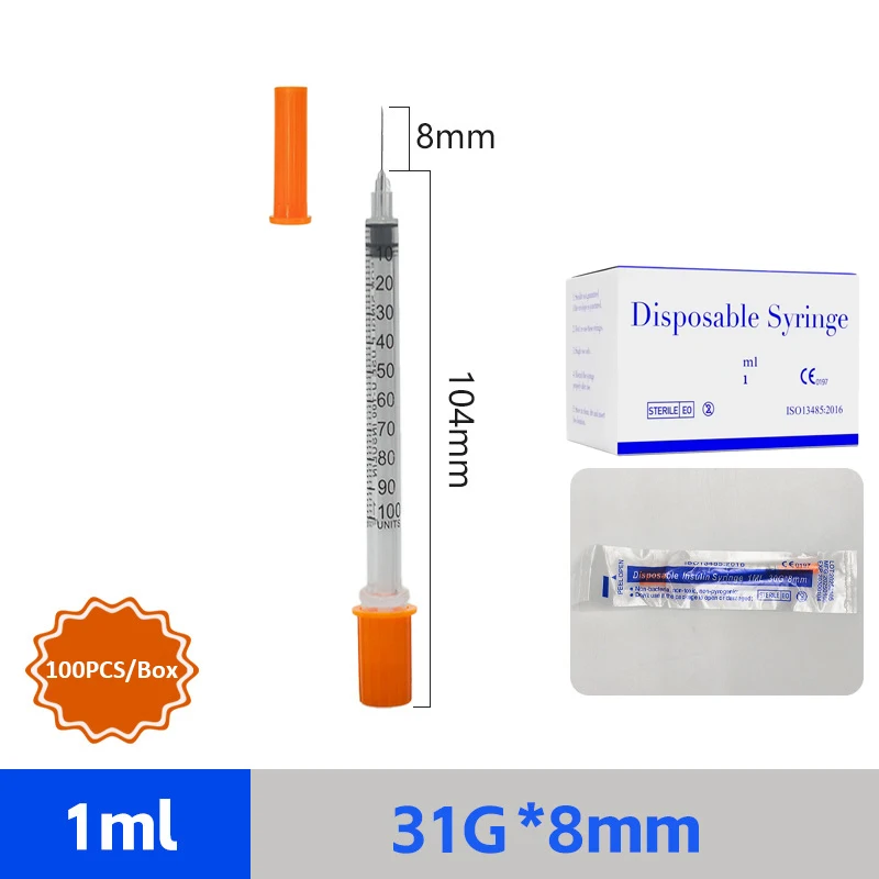 Multi-Size 1ml Safety Syringe With Needle for insulin Sterile Individually Wrapped for Pets Farm Animal,100PCS/Box