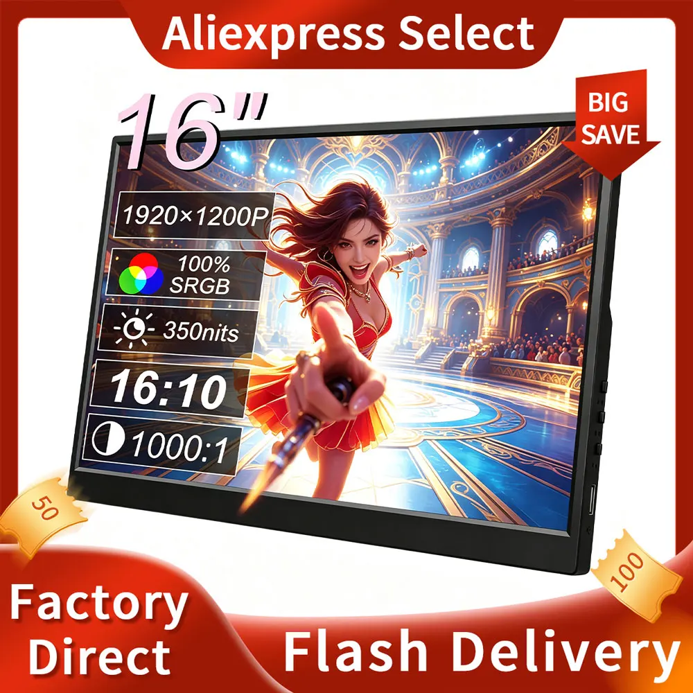 Touch Screen Portable 2K Portable Monitor 16Inch FHD IPS HDMI Type-C External Second Display for Laptop Phone PC XBox PS4 TV Box