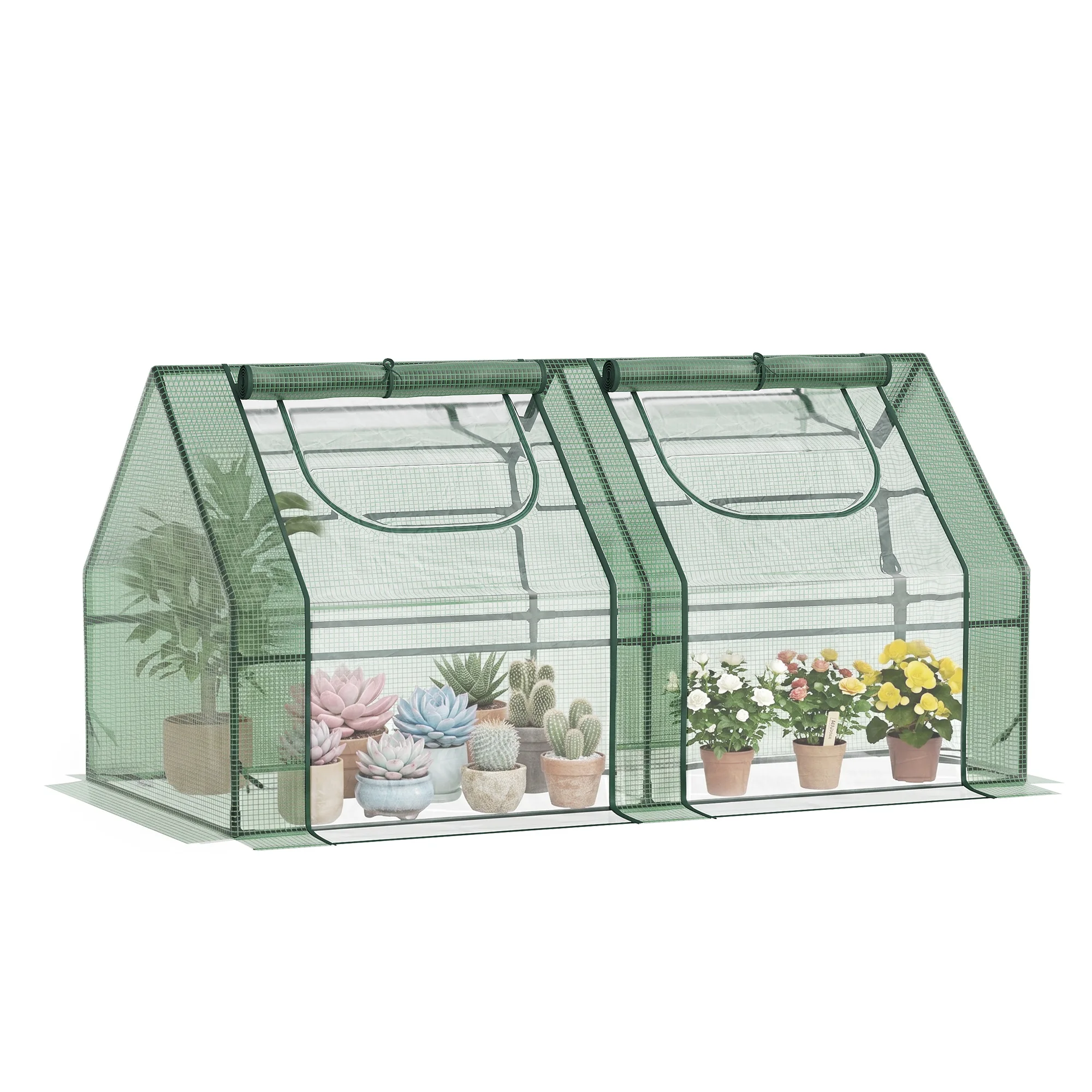 

6' X 3' X 3' Portable Greenhouse, Garden Hot House with Two Pe/Pvc Covers and 2 Roll up Windows, Green