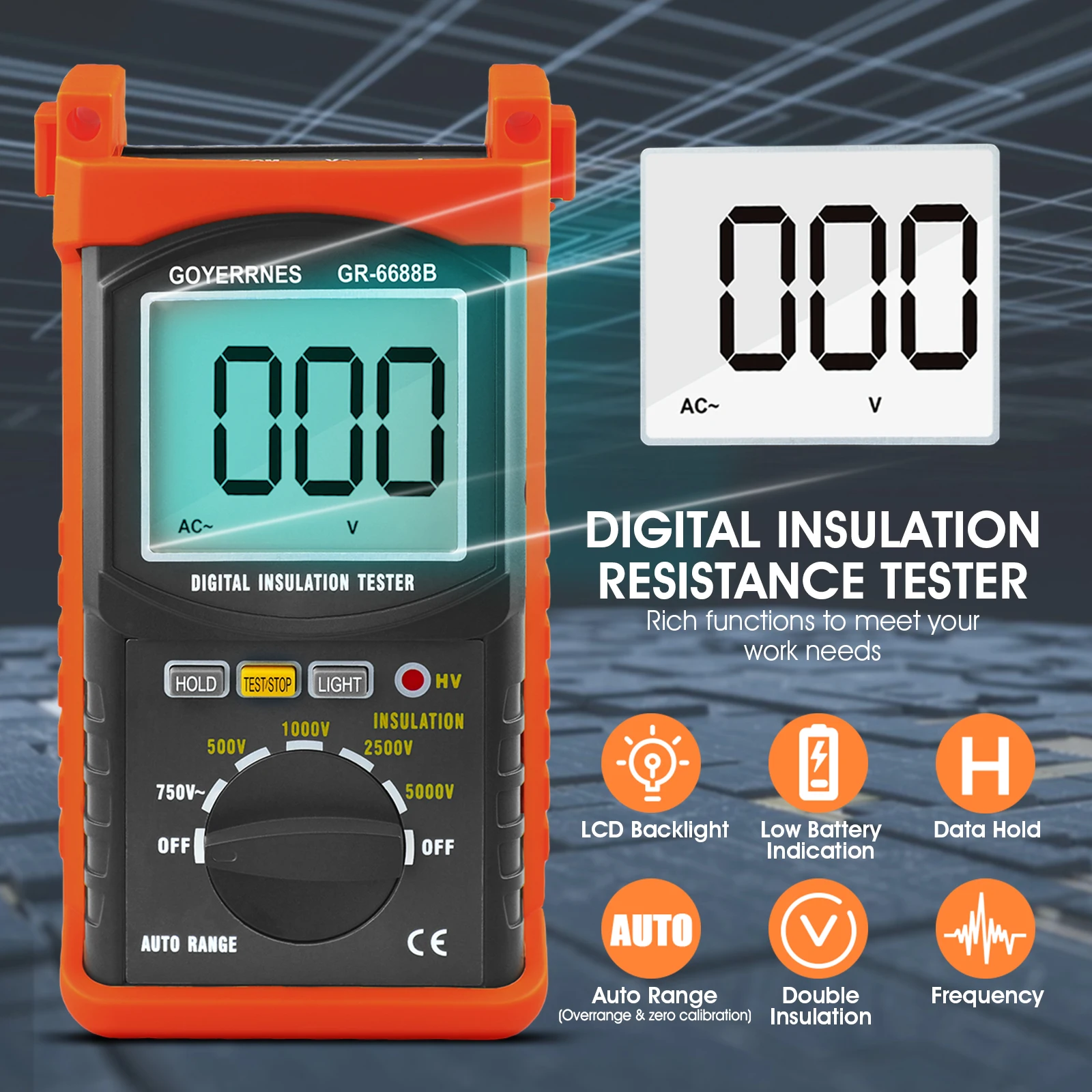 

Insulation Resistance Meter, Portable Megohmmeter 200 Gig Ohm Digital Insulation Resistance with Range 500V/1000V/2500V/5000V